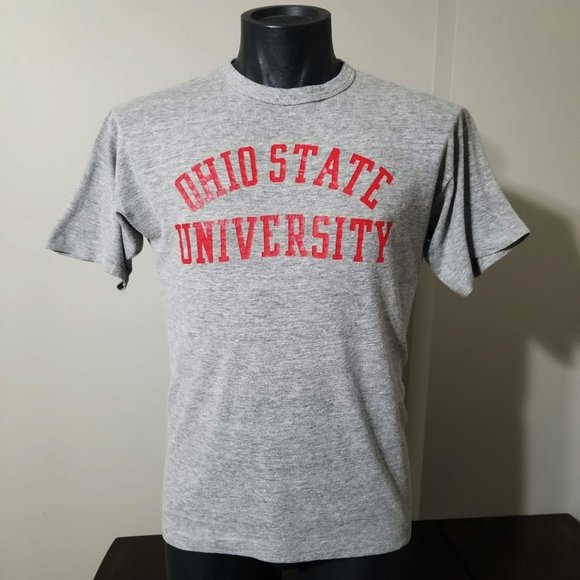 Vintage Champion Ohio State Tee Shirt L 70s Gray 65 35 Rayon Blend Blue Bar Tee - Picture 4 of 11